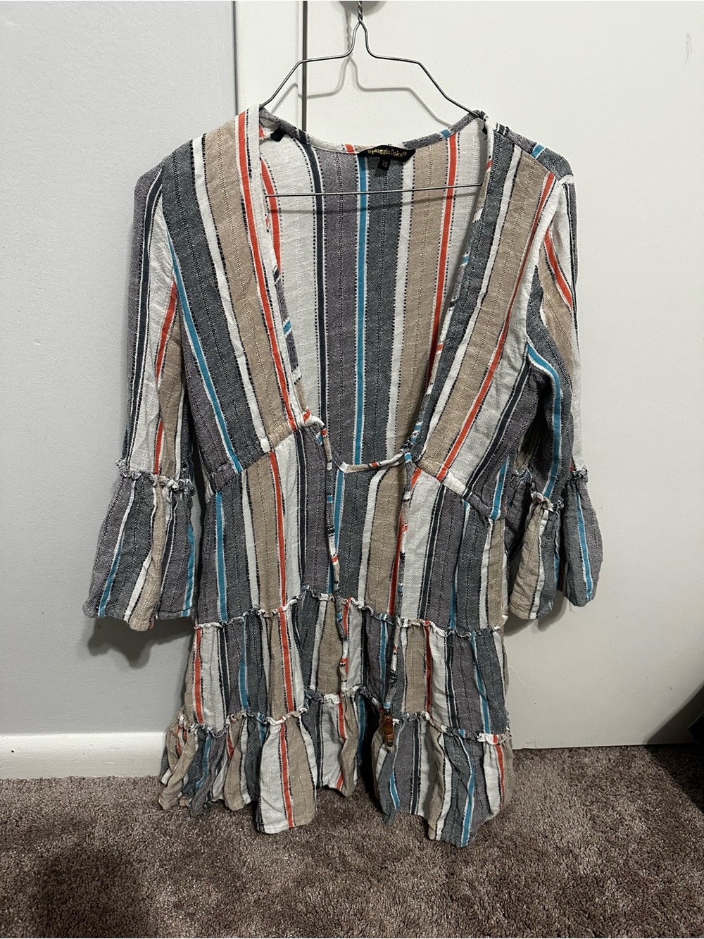 Striped V-Neck Boho Tunic in Gray, Tan & Blue